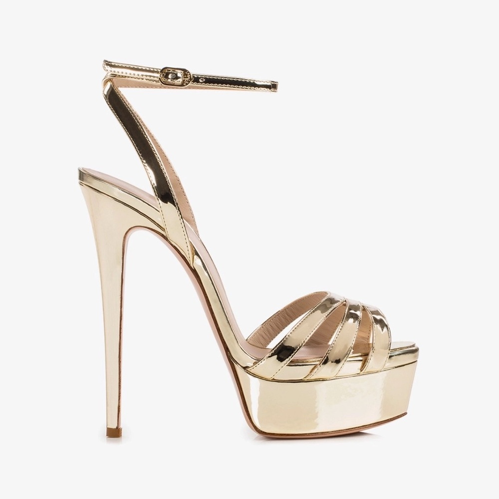 Metallic Gold Platform Stiletto Sandals with Ankle Strap